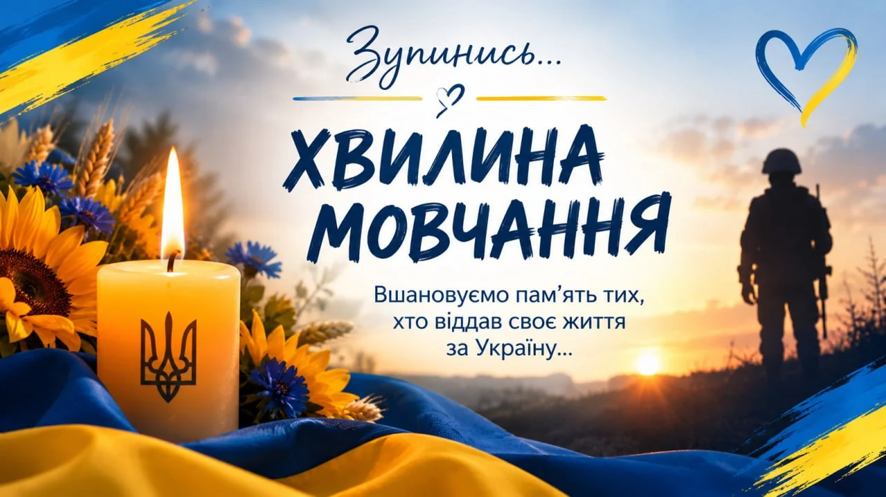Свічка з тризубом, соняшники, волошки й колоски на синьо-жовтому прапорі; праворуч на тлі світанку силует воїна. Напис: «Зупинись… Хвилина мовчання. Вшановуємо памʼять тих, хто віддав своє життя за Україну…»