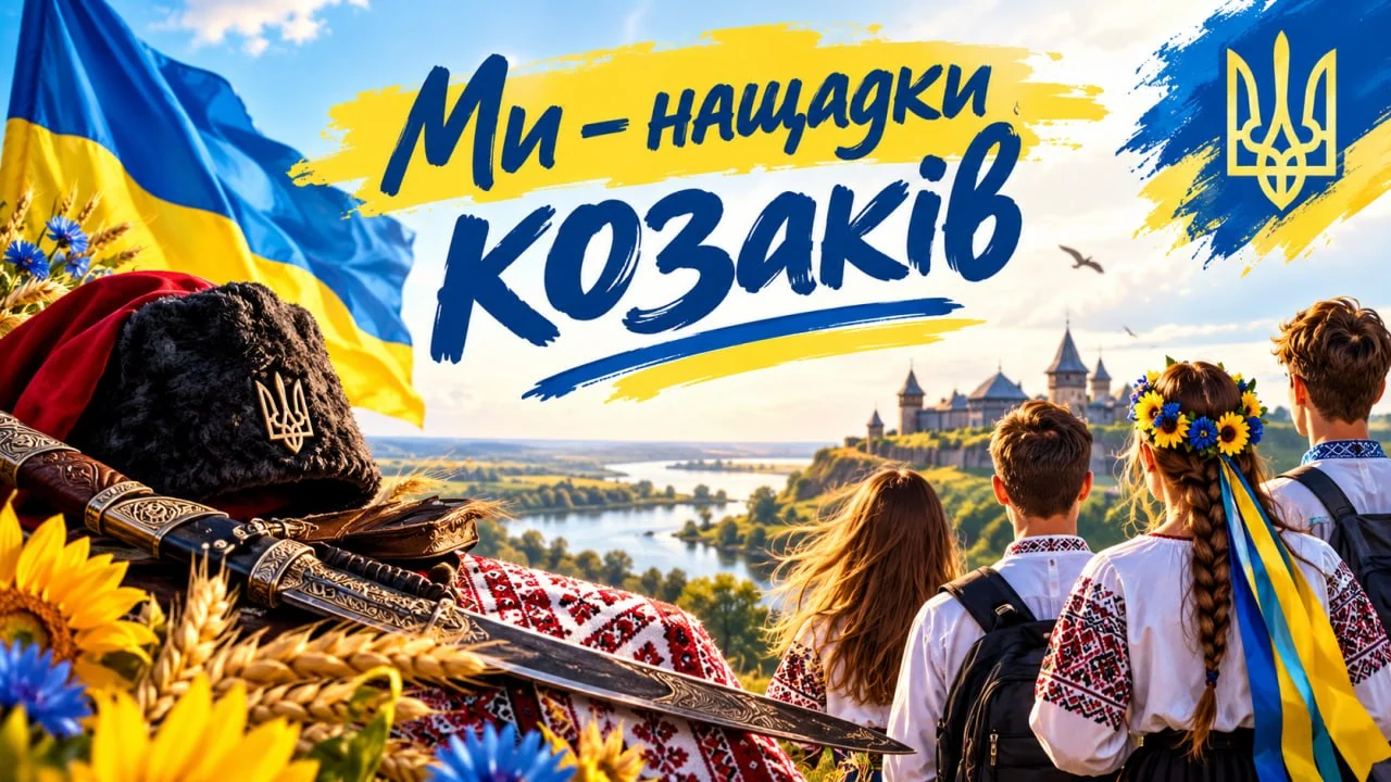 Ілюстрація з написом «Ми – нащадки козаків»: ліворуч синьо-жовтий прапор, козацька шапка з тризубом, шабля на вишитому рушнику, соняшники, волошки й колоски; праворуч юнаки та дівчата у вишиванках, зі спини, дивляться на річку й старовинну фортецю