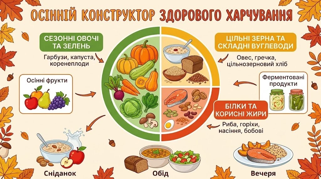 Інфографіка «Осінній конструктор здорового харчування»: тарілка, поділена на частини — сезонні овочі та зелень (гарбузи, капуста, коренеплоди), цільні зерна та складні вуглеводи (овес, гречка, цільнозерновий хліб), білки та корисні жири (риба, горіхи, насіння, бобові); окремо осінні фрукти та ферментовані продукти, а внизу приклади сніданку, обіду й вечері