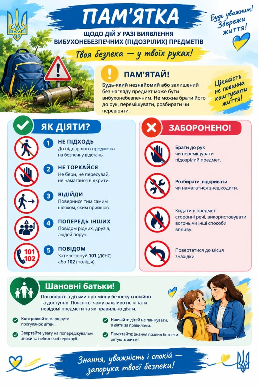 Памʼятка щодо дій у разі виявлення вибухонебезпечних (підозрілих) предметів. Як діяти: не підходь, не торкайся, відійди тим самим шляхом, попередь інших, повідом за номером 101 (ДСНС) або 102 (поліція). Заборонено: брати до рук чи переміщувати предмет, розбирати чи намагатися знешкодити, кидати в нього сторонні речі чи використовувати вогонь, повертатися до місця знахідки. Поради батькам: спокійно поговорити з дітьми про мінну безпеку, контролювати маршрути прогулянок, звертати увагу на попереджувальні знаки.