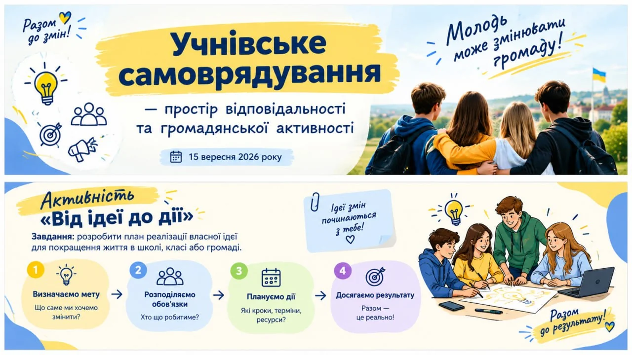 Інфографіка у два ряди. Угорі: «Учнівське самоврядування — простір відповідальності та громадянської активності», «Молодь може змінювати громаду!», четверо підлітків зі спини дивляться на місто з українським прапором. Унизу: активність «Від ідеї до дії» — завдання розробити план реалізації власної ідеї для покращення життя в школі, класі або громаді, чотири кроки: визначаємо мету, розподіляємо обовʼязки, плануємо дії, досягаємо результату